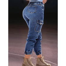 Women's Distressed Stretch Cropped Denim Jeans-Fashionable Elastic Cuff, Multi-Pocket Casual Cargo Pants Sporty Wear Jeans T16