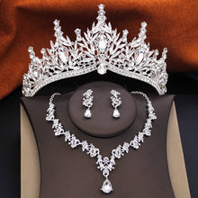 3 Pcs Princess Wedding Crown Jewelry Sets and Tiaras Green Pink Bride Necklace Earrings Set Girls Prom Birthday Accessory
