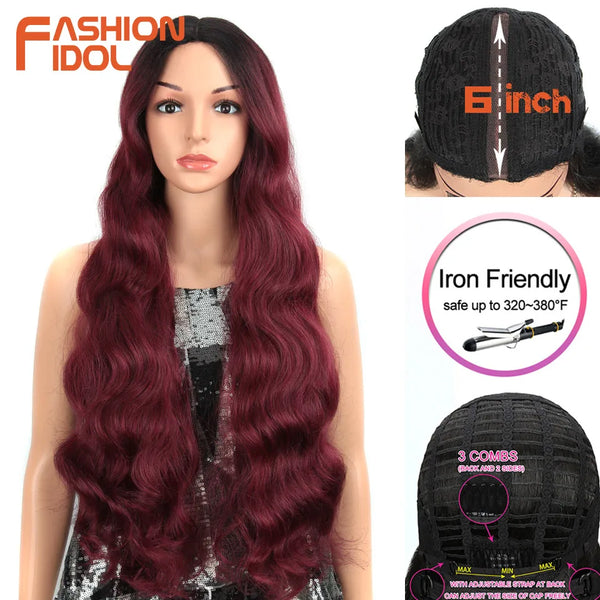 FASHION IDOL Deep Wave Wigs Synthetic 28 Inch Lace Wigs For Black Women Ombre Burgundy Long Wavy African American Cosplay Wigs