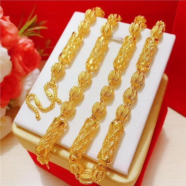 9999 24K Real Gold Smooth Sailing Necklace Pendant Hollowed Out Car Flower Bamboo Chain Domineering Men's Chain Gold Necklace