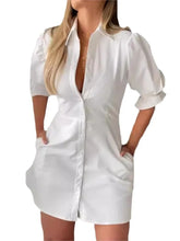 Summer Fashion White Turn-down Collar Shirt Mini Dress Elegant Women Casual Lantern Sleeve Button Pocket High Waist Slim Dresses