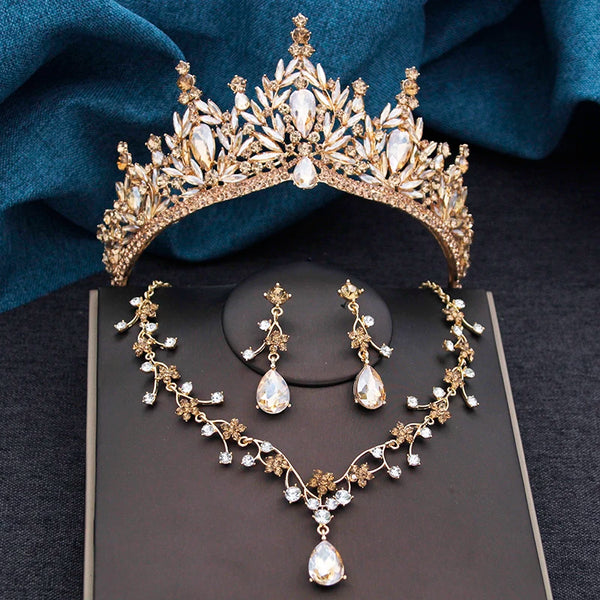 Baroque Wedding Crown for Bride 3-pack Tiara Earrings Necklace Bridal Jewelry Set Champagne Crystal Costume Party Birthday Gift
