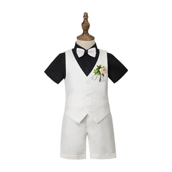 Children Green White Baptism Photography Suit Kids Vest Shirt Shorts Bowtie Ceremony Costume Boys Breathable Wedding Dress