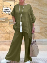 2024 Summer Fashion Cotton Linen Women's Set Large Irregular Linen Shirt High Waist Loose Wide Leg Pants Elegant Two Piece Set