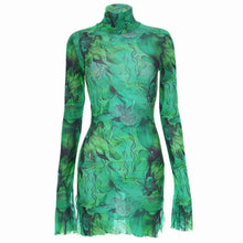 Top Selling Mesh Printed Round Neck Womens Dresses For Teens Plus Size Bell Sleeve Side Open Hip Dress Vestidos Para Mujer
