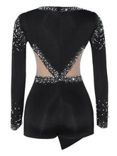 Women Sexy Rompers V-Neck Mesh Rhinestone Skinny Long Sleeve Playsuits