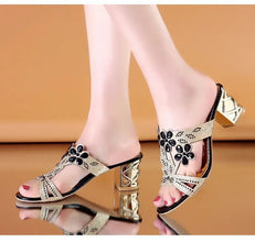 2021 New Hot Glitter Mesh Women Sandals Summer Fashion Outdoor Peep Toe Casual Beach Slippers Thick Heel Slip on Women Sandals