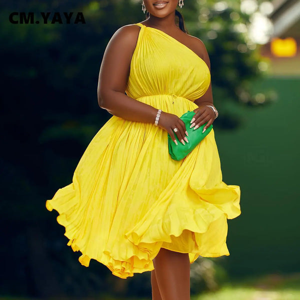 CM.YAYA Women One Shoulder Sleeveless Big Swing Pleated Knee Length Dress 2023 Fashion Street Vestidos Sexy Chic Dresses