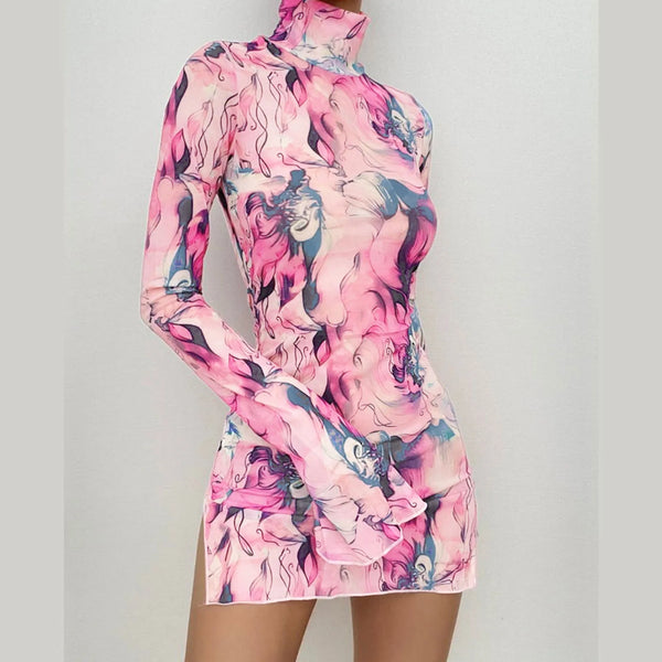 Top Selling Mesh Printed Round Neck Womens Dresses For Teens Plus Size Bell Sleeve Side Open Hip Dress Vestidos Para Mujer