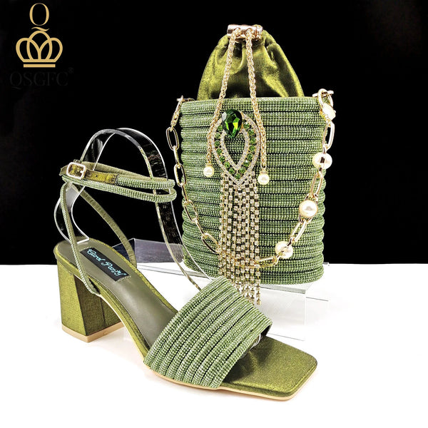 Newest Olive Colour Personalized  Design Rhinestone Decoration High Heel Peep Toe Banquet Ladies Shoes And Bag Set