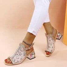 2023 New Women Summer Fashion Mid Heels Peep Toe Shoes for Women Glitter Sandals Ladies Buckle Strap Bling  Rhinestone Sandals