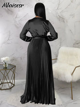 Mlaiscsr Elegant Wedding Guest Pleated Long Dress Women V Neck Lantern Sleeves Sashes Big Swing Sexy Birthday Party Evening Robe