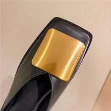 Brand Designer Women Slippers Fashion Metal Buckle Mules Flat Heels Square Toe Shallow Shoes Outdoor Slide Female Casual Sandal