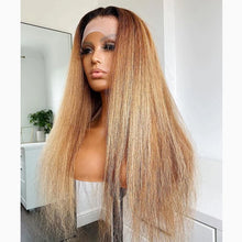 Yaki 26 inch 180Density Soft Long Ombre Blonde Kinky Straight Lace Front Wig For Women With BabyHair Preplucked Natural Hairline