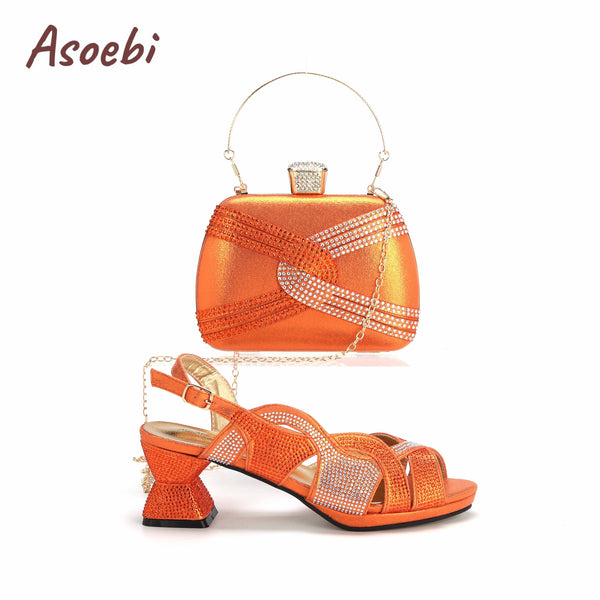 2024 High Quality Orange Color Peep Toe Butterfly Design Shoes Matching Bag Mature Ladies Party Women