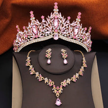 3 Pcs Princess Wedding Crown Jewelry Sets and Tiaras Green Pink Bride Necklace Earrings Set Girls Prom Birthday Accessory