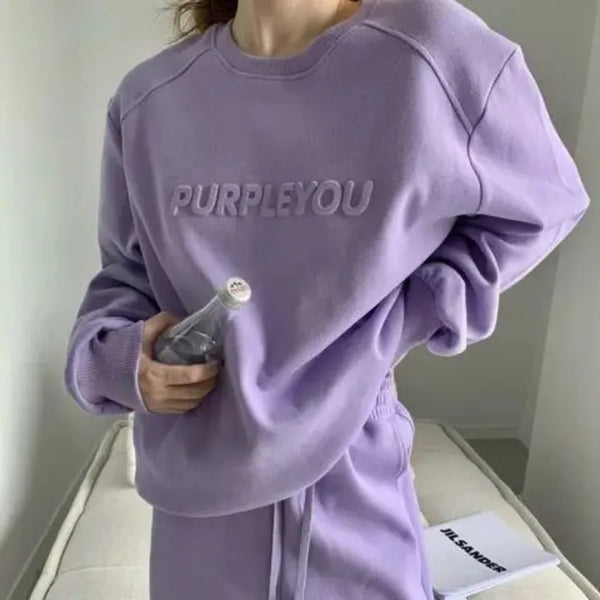 Women's Purple Sports Suit Spring And Autumn 2023 New Casual Fashion Style Loose Long Sleeve Sweater Tops Pants 2 Two Piece Set