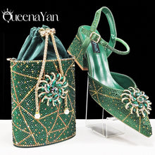 QueenaYan African Ladies Elegant Pointed Toe Shoes with shiny Metal Stand Bag Women Party Shoes or Commuting Shoes and Bag Set