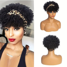 Short Kinky Curly Headband Wig Afro Puff Curly Headband Wig with Bangs for Women Natural Ombre Blonde Synthetic Turban Wrap Wig