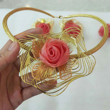 Women Gold Color Jewelry Set Braided Red Rose Design Large Pendant Unique Earrings Dubai Arab Fashion Ring Bracelet Party Gift