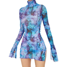 Top Selling Mesh Printed Round Neck Womens Dresses For Teens Plus Size Bell Sleeve Side Open Hip Dress Vestidos Para Mujer
