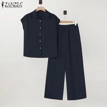 ZANZEA 2025 Summer Wide Leg Pants 2-Pieces Suits Elegant Commute Solid Causal Pant Sets Short Sleeve Shirt Women Trouser Outfits