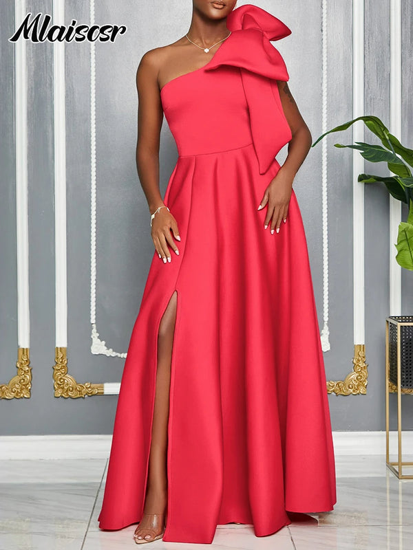 Mlaiscsr Slash Collar One Shoulder Big Bow A-Line Evening Dresses Women Elegant Red African Pleated Wedding Party Birthday Robe