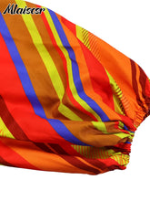 Mlaiscsr Elegant Striped Printed V Neck Long Sleeve High Waisted Pleated Mid Dresses Women Boho Beach Party Evening Vestidos New