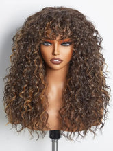 100% Human Hair Wigs with Bang Full Wig Brown Black Highlight Water Wave Machine Made Non Lace Wig with Fringe Bobbi Wig
