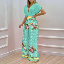 Summer New Printed Pants Sets Women Fashion Raglan Sleeves V-neck Cropped Top High Waist Wide Legs Trousers Two Piece Set Female