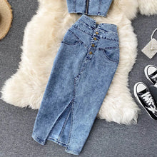 CM.YAYA Women Denim Sets Sleeveless Strap Crop Top and Long Skirts Suits 2024 Summer Jeans Streetwear Two 2 Piece Sets Outfits
