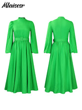 Mlaiscsr Elegant Evening Wedding Guest Party Yellow Pleated Dress Woman O Neck Long Sleeve Belt Waisted Birthday Dinner Vestidos