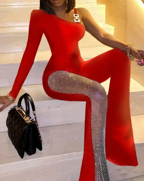 Women's Spring Fashion Rhinestone Fishnet Patch Sexy Jumpsuit