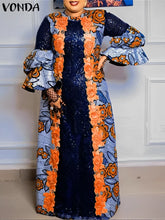 VONDA Bohemian Vestidos 2024 Women Casual Flared Long Sleeve Maxi Dresses Round Neck Loose Print Sundress Ruffles Pleated Robes