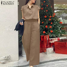 ZANZEA 2025 Summer Wide Leg Pants 2-Pieces Suits Elegant Commute Solid Causal Pant Sets Short Sleeve Shirt Women Trouser Outfits