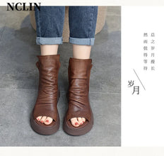 2024 New Summer Women Sandals Round Toe Chunky Heel Platform Shoes Genunine Leather Cover Heel GLADIATOR Sandals Women Handmade