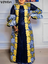 VONDA Bohemian Vestidos 2024 Women Casual Flared Long Sleeve Maxi Dresses Round Neck Loose Print Sundress Ruffles Pleated Robes