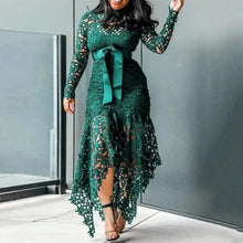 Lace Bow Belted Women Dress Elegant Long Sleeve Irregular Hem Women Bodycon Party Long Dress Vintage Wedding Evening Party Dress