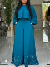 two piece sets women outfits o neck long lantern sleeve tops Embroidered Flares wide leg trousers fashion casual party Pant Sets