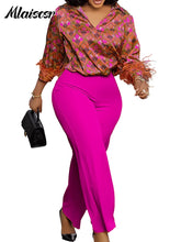 Mlaiscsr Elegant Print Feather Long Sleeve and Wide Leg Pants 2 Pieces Women Matching Sets Fashion Office Lady Birthday Outfits