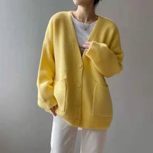 Rimcoy 2025 Chic Yellow Sweater Cardigan Women Lazy Wind Single-Breasted Knitted Cardigan Women Solid V Neck Cardigans Female