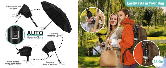 10 Ribs Inverted Automatic Umbrella for Rain Windproof Umbrella with Reflective Strip Fold Sun Compact UV Umbrella for Women Men