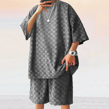 Men White Jacquard Checkered Short Sleeve Shorts Set Men's High-End Two-Piece Summer Trendy Clothing One Set Match Male Fashion