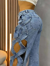 BKQU Fashion Streetwear Y2k Hollow Out Jeans Women High Waist Side Cross Cutout Wide Leg Blue Denim Pants Elegant Party Jean2025