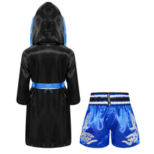 Kids Boys Boxing Sets Sports Outfits Halloween Cosplay Costume Long Sleeve Open Front Robe Satin Hooded Cloak with Belt Shorts
