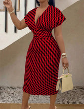 Women's Sexy Deep V Neck Package Hip Dress Spring Summer Elegant Fashion Print Short Sleeve High Waist Slim Midi Dresses Femme