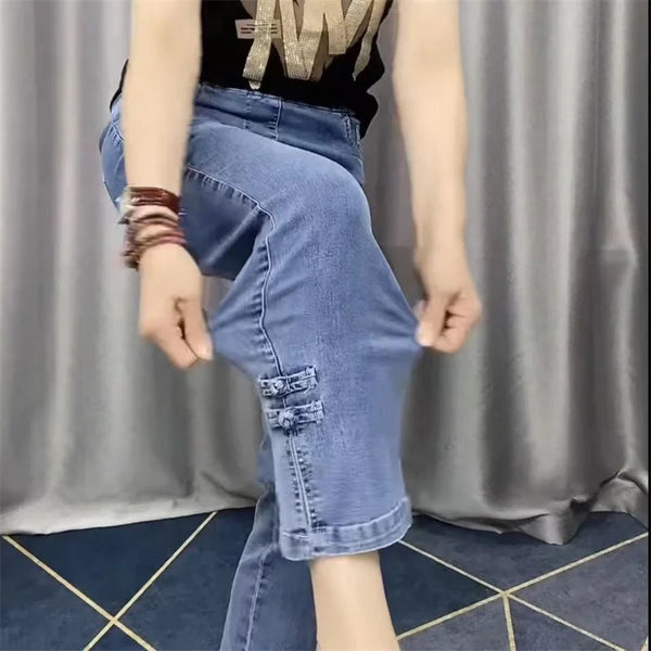 2024New Spring Autumn High Elasticity Women Jean Korean Loose Straight Ankle-Length Cowboy Pants Female Extends Denim Pants Lady