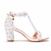 Plus Size 34-43 Shoes for Women Summer Lace Flower Sandals Peep Toe Fashion String Bead High Heel Party Wedding Evening Shoes