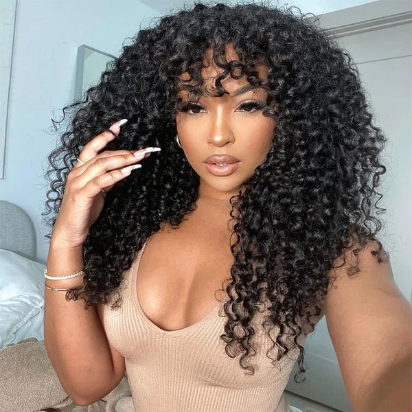 Wear and Go Glue less Wig Water Wave Human Hair Wigs with Bangs for Black Women 180% Density