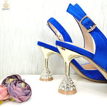 JMF New arrive Italian Design Blue Women's Fashion Rhinestone Pearl Point Toe Stiletto Heels Sandals Women's Shoes & Bag Set